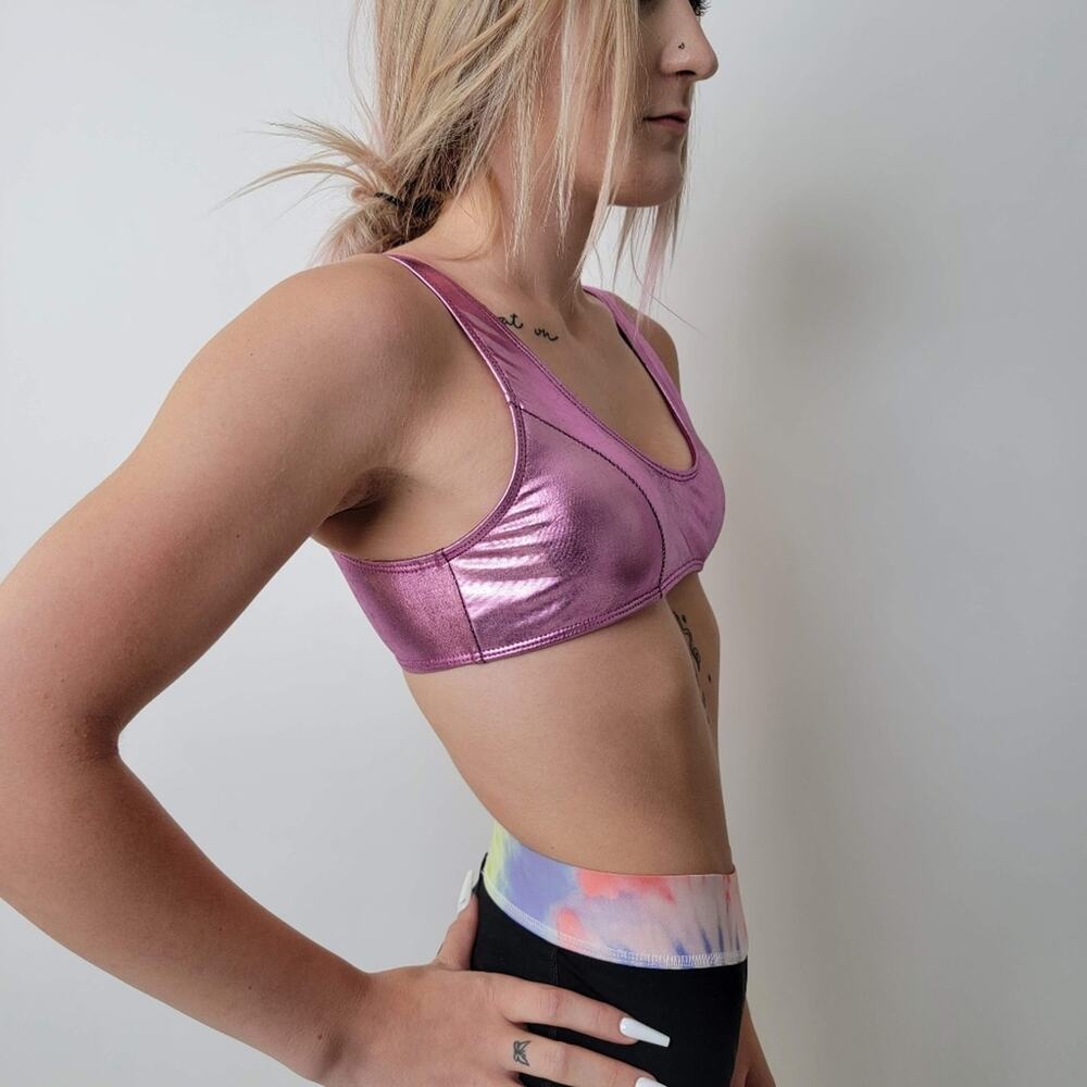 Hot Pink Metallic Sports Bra Rave Top - M - Picture 5 of 7